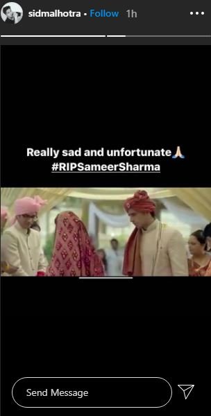 sidharth malhotra mourns sameer sharma demise